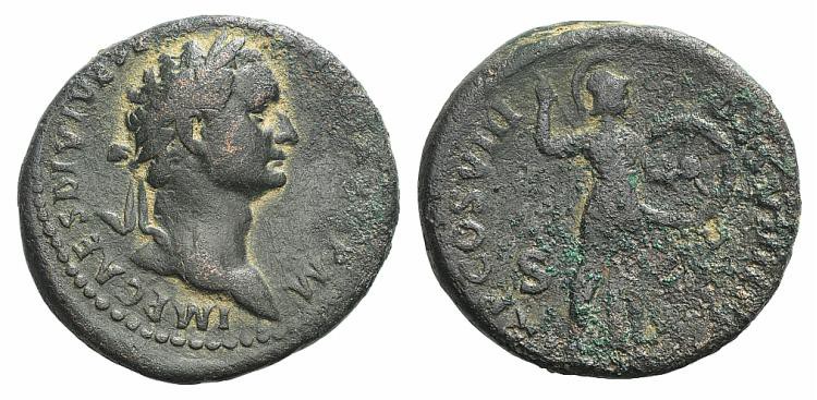 Domitian (81-96). Æ As (25mm, 10.33g, 7h). Rome, AD 82. Laureate head r. R/ Mine...