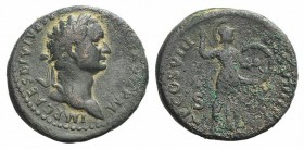Domitian (81-96). Æ As (25mm, 10.33g, 7h). Rome, AD 82. Laureate head r. R/ Minerva standing r., holding spear and shield. RIC II 110. VF / near VF