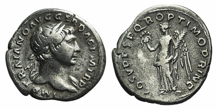 Trajan (98-117). AR Denarius (17mm, 2.98g, 7h). Rome, 107-111. Laureate bust r.,...