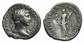 Trajan (98-117). AR Denarius (17mm, 2.98g, 7h). Rome, 107-111. Laureate bust r., slight drapery on l. shoulder. R/ Victory standing facing, head l., h...