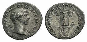 Trajan (98-117). AR Denarius (17mm, 2.76g, 7h). Rome, c. 107-8. Laureate bust r., slight drapery on l. shoulder. R/ Trophy on tree stump with one roun...