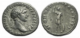 Trajan (98-117). AR Denarius (17mm, 3.16g, 6h). Rome, 106-111. Laureate bust r., slight drapery on shoulder. R/ Mars standing facing, head r., holding...