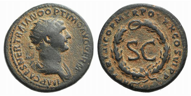 Trajan (98-117). Æ Dupondius (24mm, 8.42g, 6h). Rome, AD 115. Radiate and draped...