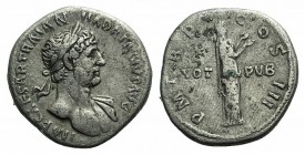 Hadrian (117-138). AR Denarius (19mm, 3.22g, 7h). Rome, 119-122. Laureate bust r., slight drapery on far shoulder. R/ Pietas standing r., raising both...