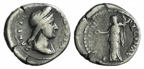 Sabina (Augusta, 128-136/7). AR Denarius (17mm, 3.26g, 6h). Rome, 134-136. Diademed and draped bust r., hair bound in queue down back. R/ Juno standin...