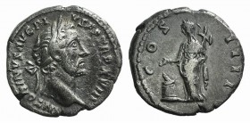 Antoninus Pius (138-160). AR Denarius (15mm, 3.81g, 6h). Rome, AD 155. Laureate head r. R/ Vesta standing l. before altar, holding patera and palladiu...