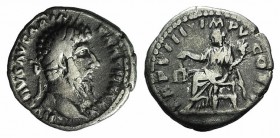 Lucius Verus (161-169). AR Denarius (17mm, 3.43g, 7h). Rome, 167-8. Laureate head r. R/ Aequitas seated l., holding scales and cornucopiae.RIC 595; RS...