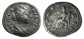 Lucilla (Augusta, 164-182). AR Denarius (18mm, 3.04g, 12h). Rome, AD 164. Draped bust r. R/ Concordia seated l., holding patera and cornucopiae. RIC I...