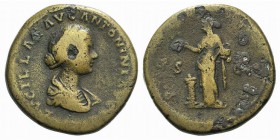 Lucilla (Augusta, 164-182). Æ Sestertius (33mm, 26.77g, 12h). Rome, 161-2. Draped bust r. R/ Pietas standing l., holding accerum and sacrificing over ...