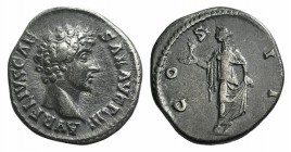 Marcus Aurelius (Caesar, 139-161). AR Denarius (17mm, 3.46g, 6h). Rome, 145-7. Bareheaded bust r., slight drapery. R/ Spes standing l., holding flower...