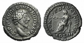 Marcus Aurelius (161-180). AR Denarius (17mm, 3.35g, 12h). Rome, AD 162. Bare head r. R/ Concordia enthroned l., holding patera; cornucopia below thro...