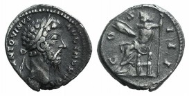 Marcus Aurelius (161-180). AR Denarius (18mm, 3.32g, 12h). Rome, AD 171. Laureate head r. R/ Jupiter seated l., holding thunderbolt and sceptre. RIC I...