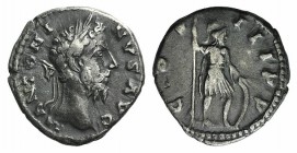 Marcus Aurelius (161-180). AR Denarius (16mm, 3.39g, 12h). Rome, 176-180. Laureate head r. R/ Mars standing r., holding spear and leaning on shield. R...