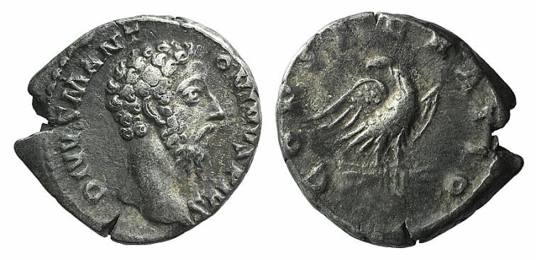 Divus Marcus Aurelius (Died AD 180). AR Denarius (15mm, 3.13g, 12h). Rome, AD 18...