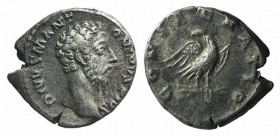Divus Marcus Aurelius (Died AD 180). AR Denarius (15mm, 3.13g, 12h). Rome, AD 180. Bare head r. R/ Eagle standing r. on thunderbolt, head l. RIC III 2...