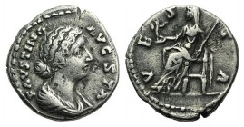 Faustina Junior (Augusta, 147-175). AR Denarius (18mm, 3.52g, 6h). Rome. Draped bust r. R/ Vesta seated l., holding palladium and sceptre. RIC III 737...