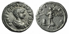 Geta (Caesar, 197-209 ). AR Denarius (18mm, 3.49g, 12h). Rome, 200-2. Draped and cuirassed bust r. R/ Victory flying l., holding in both hands wreath ...