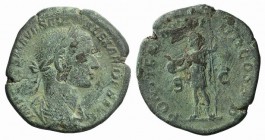 Severus Alexander (222-235). Æ Sestertius (31mm, 17.01g, 11h). Rome, AD 225. Laureate and draped bust r. R/ Severus Alexander standing l., holding glo...