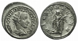 Gordian III (238-244). AR Antoninianus (22mm, 4.89g, 1h). Rome, AD 244. Radiate, draped and cuirassed bust r. R/ Victory standing l., holding palm fro...