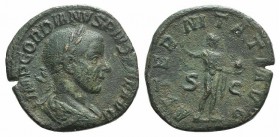 Gordian III (238-244). Æ Sestertius (28mm, 16.51g, 12g). Rome, 240-3. Laureate, draped and cuirassed bust r. R/ Sol standing, raising r. hand and hold...