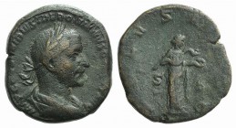 Trebonianus Gallus (251-253). Æ Sestertius (29mm, 19.26g, 1h). Rome, AD 251. Laureate, draped and cuirassed bust r. R/ Salus standing r., feeding serp...