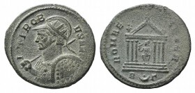 Probus (276-282). Radiate (24mm, 3.77g). Rome, AD 281. Radiate, helmeted and cuirassed bust l., holding spear and shield. R/ Roma seated facing, head ...