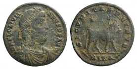 Julian II (360-363). Æ (27mm, 8.34g, 6h). Nicomedia, 361-3. Pearl-diademed, draped and cuirassed bust r. R/ Bull standing r. two stars above; palm-NIK...