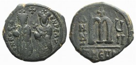 Phocas (602-610). Æ 40 Nummi (24mm, 10.54g, 6h). Theoupolis (Antioch), year 7 (608/9). Phocas and Leontia standing facing, the Emperor holding globus ...