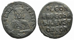 Leo VI (886-912). Æ 40 Nummi (26mm, 6.47g, 6h). Constantinople. Facing bust, wearing crown and chlamys, holding akakia. R/ Legend in four lines across...