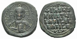 Anonymous, c. 969-976. Æ 40 Nummi (33mm, 18.44g, 6h), Constantinople. Facing bust of Christ, holding Gospels; two pellets in each limb of nimbus. R/ L...