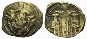 Andronicus II Palaeologus and Michael IX (1282-1328). AV Hyperpyron (23mm, 4.03g, 6h). Constantinople, c. 1294-1303. Half-length figure of the Theotok...