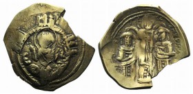 Andronicus II Palaeologus and Michael IX (1282-1328). AV Hyperpyron (25mm, 3.73g, 6h). Constantinople, c. 1294-1303. Half-length figure of the Theotok...