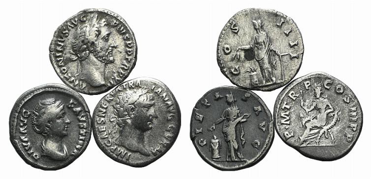 Lot of 3 Roman Imperial AR Denarii, including Trajan, Antoninus Pius and Faustin...