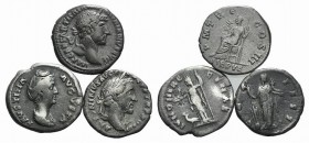 Lot of 3 Roman Imperial AR Denarii, including Hadrian, Antoninus Pius and Faustina Senior. Lot sold as is, no return