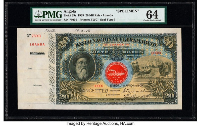 Angola Banco Nacional Ultramarino 20 Mil Reis 1.3.1909 Pick 35s Specimen PMG Cho...