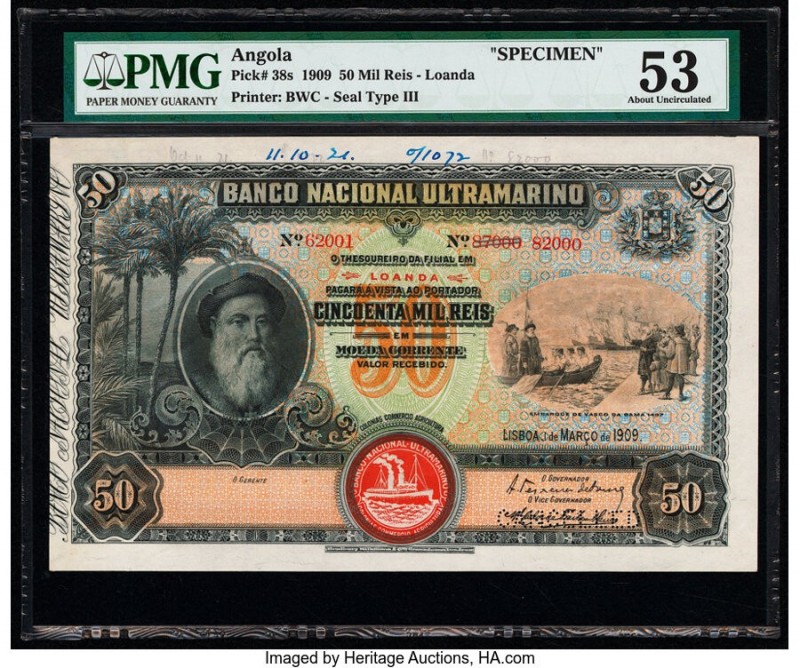 Angola Banco Nacional Ultramarino 50 Mil Reis 1.3.1909 Pick 38s Specimen PMG Abo...