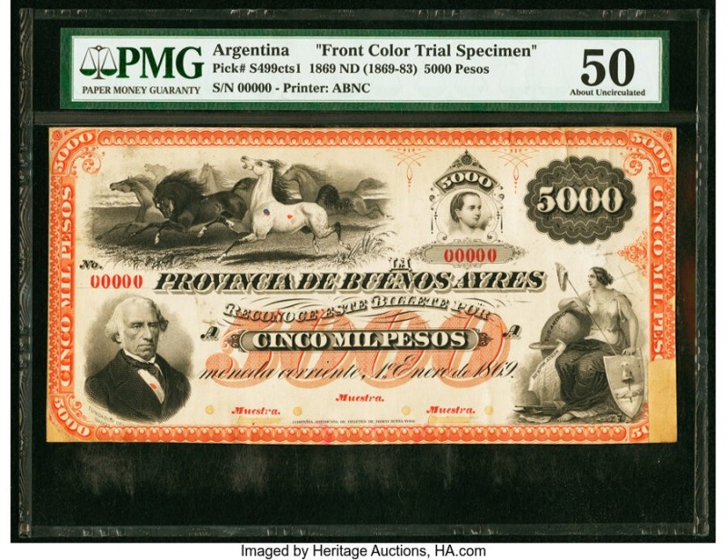 Argentina Provincia de Buenos Ayres 5000 Pesos 1.1.1869 Pick S499cts1 Front Colo...