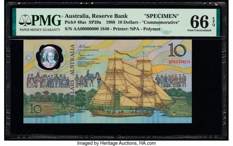 Australia Australia Reserve Bank 10 Dollars 1988 Pick 49as SP29a Specimen PMG Ge...