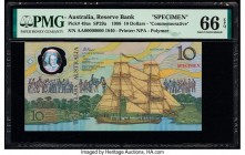 Australia Australia Reserve Bank 10 Dollars 1988 Pick 49as SP29a Specimen PMG Gem Uncirculated 66 EPQ. This popular design is the first polymer bankno...