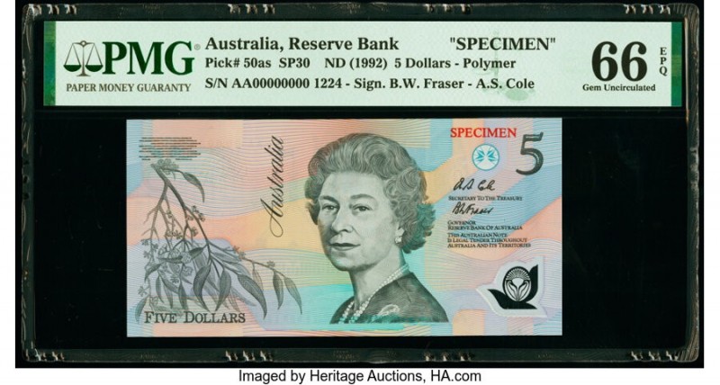 Australia Australia Reserve Bank 5 Dollars ND (1992) Pick 50as SP30 Specimen PMG...