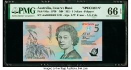 Australia Australia Reserve Bank 5 Dollars ND (1992) Pick 50as SP30 Specimen PMG Gem Uncirculated 66 EPQ. This handsome Specimen is the first polymer ...