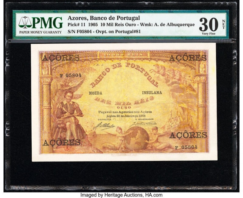 Azores Banco de Portugal 10 Mil Reis Ouro 30.1.1905 Pick 11 PMG Very Fine 30 Net...