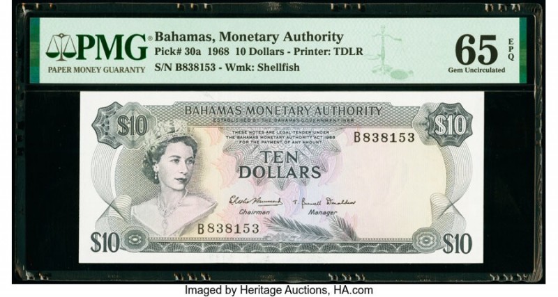 Bahamas Monetary Authority 10 Dollars 1968 Pick 30a PMG Gem Uncirculated 65 EPQ....