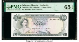 Bahamas Monetary Authority 10 Dollars 1968 Pick 30a PMG Gem Uncirculated 65 EPQ. Pack fresh originality is seen on both sides of this popular middle d...