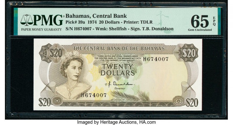 Bahamas Central Bank 20 Dollars 1974 Pick 39a PMG Gem Uncirculated 65 EPQ. The C...