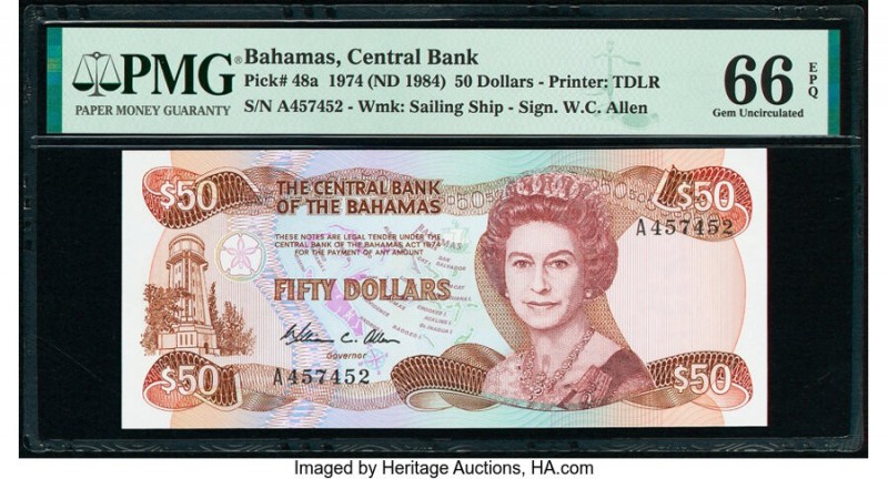 Bahamas Central Bank 50 Dollars 1974 (ND 1984) Pick 48a PMG Gem Uncirculated 66 ...