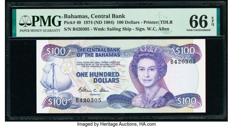 Bahamas Central Bank 100 Dollars 1974 (ND 1984) Pick 49 PMG Gem Uncirculated 66 ...