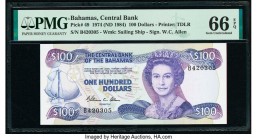 Bahamas Central Bank 100 Dollars 1974 (ND 1984) Pick 49 PMG Gem Uncirculated 66 EPQ. This incredible offering is a top tier rarity, as very few were s...