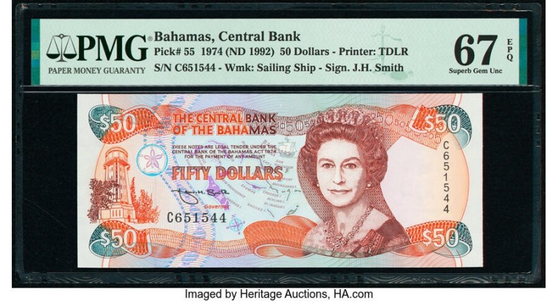 Bahamas Central Bank 50 Dollars 1974 (ND 1992) Pick 55 PMG Superb Gem Unc 67 EPQ...