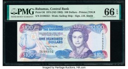 Bahamas Central Bank 100 Dollars 1974 (ND 1992) Pick 56 PMG Gem Uncirculated 66 EPQ. Desirable and rare, this Queen Elizabeth II portrait note is the ...